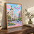 Madrid, Spain travel poster full-bleed print styled in Original angled oak-console; frame and props not included