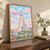 Reykjavík, Iceland travel poster full-bleed print styled in Original angled oak-console; frame and props not included