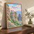 Meteora, Greece travel poster full-bleed print styled in Original angled oak-console; frame and props not included