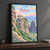Meteora, Greece travel poster full-bleed print styled in Black frame / charcoal wall; frame and props not included