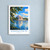Jefferson Memorial across the Tidal Basin bordered print styled in White frame / blue sitting room; frame and props not included