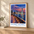 Hong Kong city view bordered print styled in Light oak-console; frame and props not included