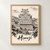 Himeji Castle main keep full-bleed print styled in Front oak frame - corrected opening; frame and props not included