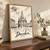 Dresden Frauenkirche from Neumarkt full-bleed print styled in Original angled oak-console; frame and props not included