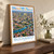 Bucharest city view bordered print styled in Original angled oak-console; frame and props not included