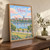 Vilnius city view full-bleed print styled in Original angled oak-console; frame and props not included