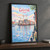 Gdańsk city view full-bleed print styled in Black frame / charcoal wall; frame and props not included