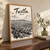 Tuxtla city view full-bleed print styled in Original angled oak-console; frame and props not included
