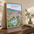 Sarajevo city view full-bleed print styled in Original angled oak-console; frame and props not included