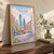 Philadelphia city view full-bleed print styled in Original angled oak-console; frame and props not included