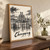 Chongqing city view full-bleed print styled in Original angled oak-console; frame and props not included