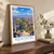 Kentron city view bordered print styled in Original angled oak-console; frame and props not included