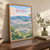 Kimhae city view full-bleed print styled in Original angled oak-console; frame and props not included