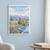 Santiago city view full-bleed print styled in White frame / blue sitting room; frame and props not included