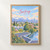 Santiago city view full-bleed print styled in Front oak frame - corrected opening; frame and props not included