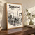 Damascus city view full-bleed print styled in Original angled oak-console; frame and props not included