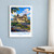 Payakumbuh city view bordered print styled in White frame / blue sitting room; frame and props not included