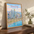 Panama City city view full-bleed print styled in Original angled oak-console; frame and props not included