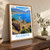 Alanya city view bordered print styled in Original angled oak-console; frame and props not included