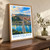 Bratislava city view bordered print styled in Original angled oak-console; frame and props not included