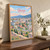 Skopje city view full-bleed print styled in Original angled oak-console; frame and props not included