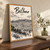 Bilbao city view full-bleed print styled in Original angled oak-console; frame and props not included