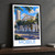 Mobile city view bordered print styled in Black frame / charcoal wall; frame and props not included