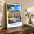 Guelph city view bordered print styled in Original angled oak-console; frame and props not included