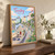Tenby harbour pastel houses full-bleed print styled in Original angled oak-console; frame and props not included
