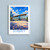 Surrey city view bordered print styled in White frame / blue sitting room; frame and props not included