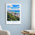 Kota Kinabalu city view bordered print styled in White frame / blue sitting room; frame and props not included