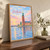 Stockholm city view full-bleed print styled in Original angled oak-console; frame and props not included