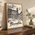 Brampton city view full-bleed print styled in Original angled oak-console; frame and props not included