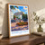 Khmelnytskyi city view bordered print styled in Original angled oak-console; frame and props not included