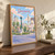 Damascus city view full-bleed print styled in Original angled oak-console; frame and props not included