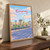 Karagandy city view full-bleed print styled in Original angled oak-console; frame and props not included