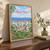 Montes Claros city view full-bleed print styled in Original angled oak-console; frame and props not included