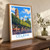 Celaya city view bordered print styled in Original angled oak-console; frame and props not included