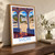 Sucre city view bordered print styled in Original angled oak-console; frame and props not included