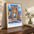 Montevideo city view bordered print styled in Original angled oak-console; frame and props not included