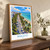 Maceió city view bordered print styled in Original angled oak-console; frame and props not included