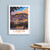 Lisbon city view bordered print styled in White frame / blue sitting room; frame and props not included