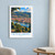 Heidelberg city view bordered print styled in White frame / blue sitting room; frame and props not included