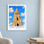 San Diego Balboa Park California Tower bordered print styled in White frame / blue sitting room; frame and props not included