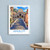 Amalfi Cathedral staircase bordered print styled in White frame / blue sitting room; frame and props not included