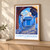 Chefchaouen blue medina lane bordered print styled in Light oak-console; frame and props not included