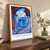 Chefchaouen blue medina lane bordered print styled in Original angled oak-console; frame and props not included