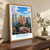 Dhaka city view bordered print styled in Original angled oak-console; frame and props not included