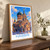 Harbin city view bordered print styled in Original angled oak-console; frame and props not included