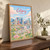 Calgary city view full-bleed print styled in Original angled oak-console; frame and props not included